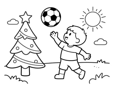 Coloriage d'un enfant en tenue de football qui jongle avec un ballon sur un terrain enneigé, près d'un sapin de Noël décoré et d'un soleil d'hiver.