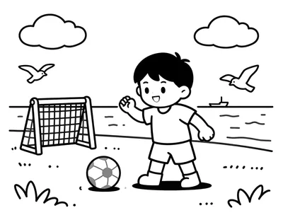 Coloriage d'un enfant en tenue de football qui s'apprête à tirer dans un ballon sur une plage, avec une cage, des mouettes et des bateaux de pêche à l'arrière-plan.