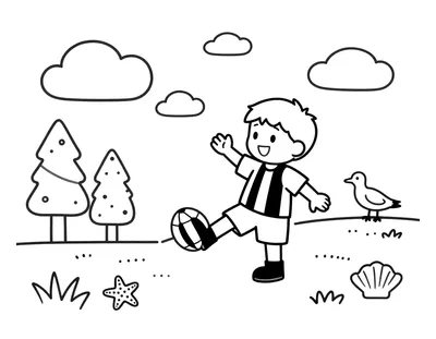Coloriage d'un enfant en maillot qui tire dans un ballon de football sur une plage, avec un petit sapin décoré, une étoile de mer, des coquillages et une mouette.