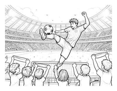Coloriage d'un joueur de football qui frappe le ballon devant un stade rempli de supporters et de confettis.