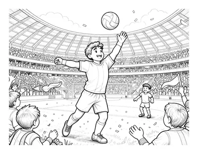 Coloriage d'un jeune footballeur qui saute pour frapper le ballon devant un gardien et des supporters dans un stade.