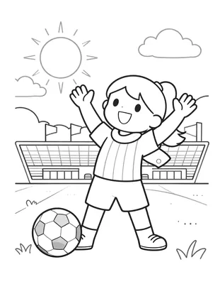 Coloriage d'une footballeuse en maillot rayé qui lève les bras pour célébrer un but, avec un ballon à ses pieds et un stade derrière elle.