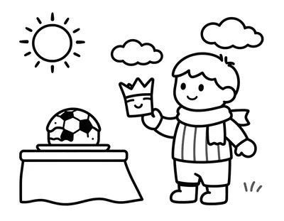 Coloriage d'un enfant en maillot rayé et écharpe qui pose une couronne sur une galette des rois, un ballon de football à côté de la table.
