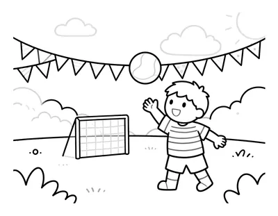 Coloriage d'un enfant en maillot rayé qui lance un ballon de handball vers un but, avec des guirlandes de fanions et des nuages en arrière-plan.