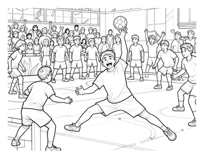 Coloriage d'un gardien de handball qui plonge pour arrêter le ballon devant une salle pleine de spectateurs.