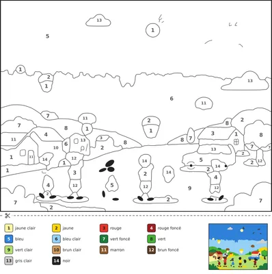Coloriage magique d'une scène du 14 juillet avec des enfants qui lancent des lanternes dans le ciel et un village en fête.