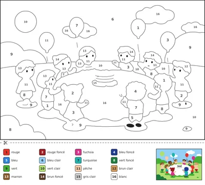 Coloriage magique d'une fête d'anniversaire d'été dans un jardin français avec des enfants, un gâteau et des ballons numérotés.