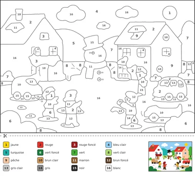 Coloriage magique d'enfants construisant un bonhomme de neige sur la place d'un village français, avec écharpes, luge et vitrines décorées.