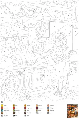 Coloriage magique d'un comptoir de boulangerie française avec baguettes, croissants et paniers en osier.