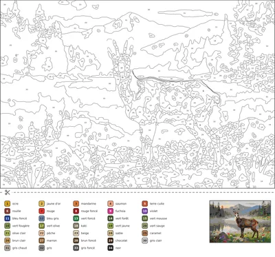 Coloriage magique d'un chamois posé sur des rochers au bord d'un lac de montagne à l'aube, entouré de fleurs sauvages et de pins dans la brume.