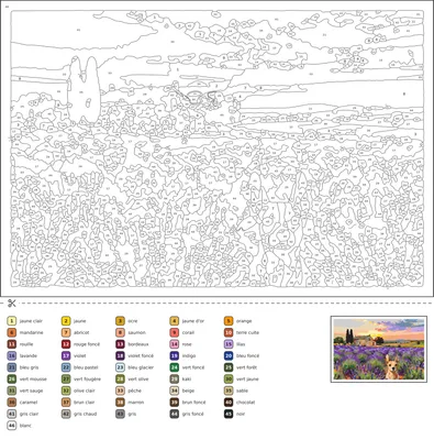 Coloriage magique d'un champ de lavande au coucher du soleil avec une ferme en pierre et des cyprès, à colorier en suivant les numéros.