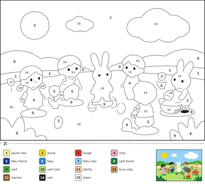 Coloriage magique d'une scène de chasse aux oeufs de Pâques dans un jardin avec des enfants, un lapin et un panier rempli d'oeufs.
