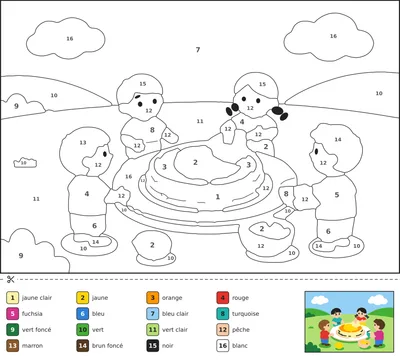 Coloriage magique d'une scène de Chandeleur avec des enfants qui préparent et font sauter des crêpes dans une cuisine ensoleillée.