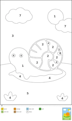 Coloriage magique d'un escargot souriant posé sur une grande feuille, avec des zones numérotées et une clé de couleurs à découper.