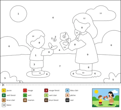 Coloriage magique d'un enfant offrant un bouquet de fleurs et une carte à sa mère dans un jardin ensoleillé, avec une clé de couleurs numérotée.