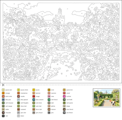 Coloriage magique d'un jardin à la française en été, avec haies taillées, allées de gravier, urnes de fleurs et tour au loin.