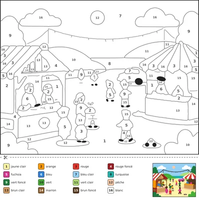 Coloriage magique d'un marché de Noël animé avec des chalets en bois, des guirlandes, une famille qui achète des cadeaux et un carrousel.