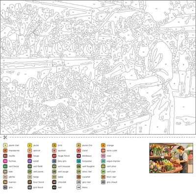 Coloriage magique d'un marché de Pâques à l'aube, avec des étals de fleurs printanières, des œufs en chocolat et des paniers de fraises.