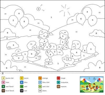 Coloriage magique d'un pique-nique familial dans un parc le 14 juillet, avec ballons, chien et feux d'artifice dans le ciel du soir.
