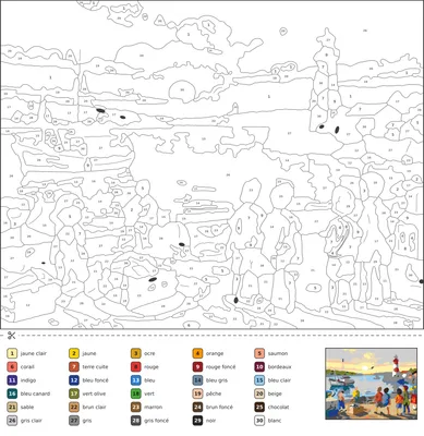 Coloriage magique d'un port de pêche au coucher du soleil avec des bateaux, des cordages, des mouettes et un phare au loin.