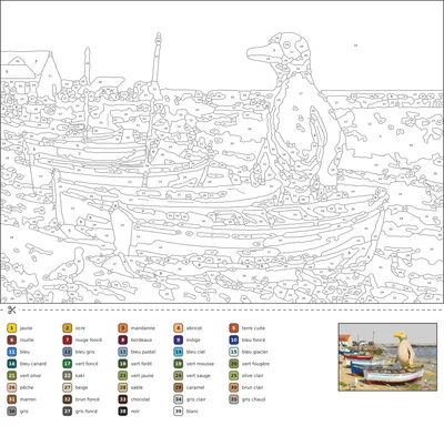 Coloriage magique d'un port de pêche français à marée basse, avec des bateaux en bois posés sur le sable, des casiers, une mouette et une jetée en pierre.