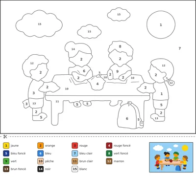Coloriage magique montrant des enfants qui préparent leurs cartables et leurs cahiers sur une table de cuisine pour la rentrée, avec une pomme et des crayons.