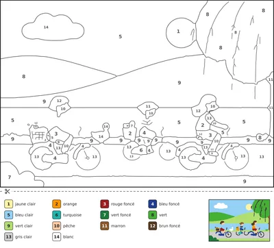 Coloriage magique d'une famille à vélo le long d'un canal, avec saules, canards et panier de pique-nique, chaque zone numérotée et une légende de couleurs sous une ligne de découpe.