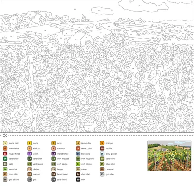 Coloriage magique d'un vignoble français en fin d'été, avec des rangées de vignes chargées de raisin, une ferme en pierre et des collines.