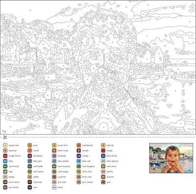 Coloriage magique d'un village de pêcheurs au lever du soleil, avec maisons en pierre, volets bleus, bateaux dans le port et pots de fleurs sur les quais.