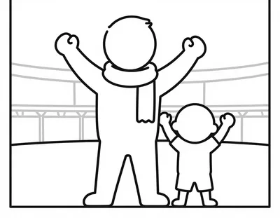 Coloriage d'un papa et de son enfant, écharpe au cou, les bras levés dans les tribunes d'un stade pour fêter un but.