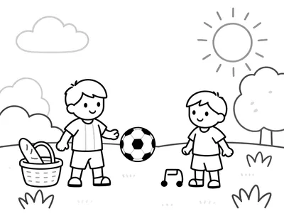Coloriage d'une famille en pique-nique dans un parc avec un enfant qui tape dans un ballon de football, un panier et une baguette.