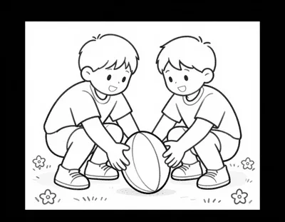Coloriage de deux enfants accroupis en mêlée amicale autour d'un ballon de rugby posé sur l'herbe, entourés de petites fleurs.