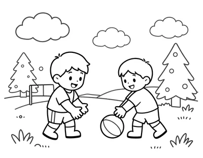 Coloriage de deux enfants en tenue de rugby qui se passent un ballon sur un terrain de village enneigé, avec des poteaux et des sapins décorés.