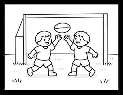 Coloriage de deux enfants en tenue de rugby qui se passent le ballon devant les poteaux d'un terrain herbeux.