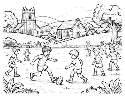 Coloriage d'enfants jouant au rugby sur un terrain de village devant une église en pierre, avec un joueur qui tape dans le ballon.