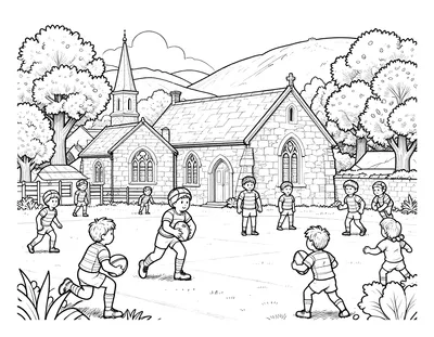 Coloriage détaillé d'enfants jouant au rugby sur le terrain d'un village, avec une église en pierre et des collines en arrière-plan.