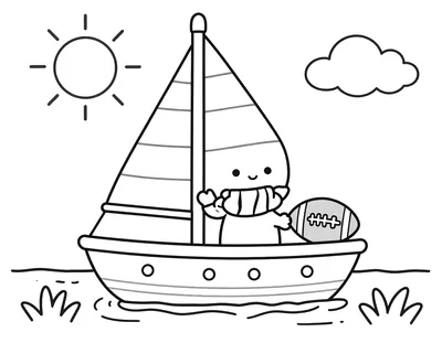 Coloriage d'un enfant supporter portant un maillot à bande verticale, décorant un petit voilier avec une écharpe et un ballon de football sur une jetée ensoleillée.