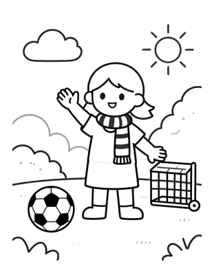 Coloriage d'une supportrice de football qui salue, avec une écharpe, un ballon et un petit but dans un parc.