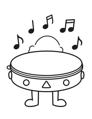 Coloriage d'un grand tambourin souriant avec des rubans colorés sur le bord et des notes de musique qui flottent autour.