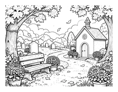 Coloriage d'une allée de cimetière en automne avec des pots de chrysanthèmes, un banc en pierre, une petite chapelle et des feuilles dorées qui tombent.