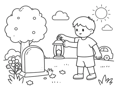 Coloriage d'un enfant qui pose une lanterne à côté d'une petite tombe entourée de fleurs, sous un arbre d'automne.