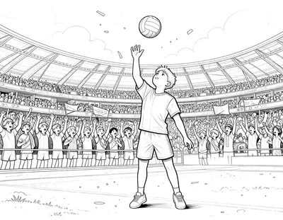Coloriage d'un jeune joueur de volley-ball qui smashe dans un stade rempli de supporters agitant des écharpes et des drapeaux.