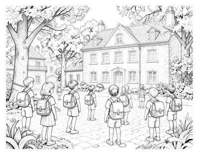 Coloriage détaillé d'une cour d'école de village le jour de la rentrée, avec des enfants portant des cartables devant un bâtiment en pierre entouré d'arbres d'automne.