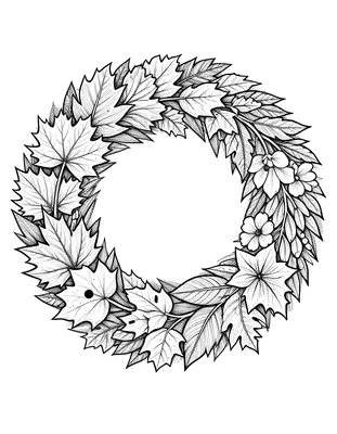Coloriage d'une couronne composée de feuilles d'érable et de petites fleurs blanches dessinées au trait fin.