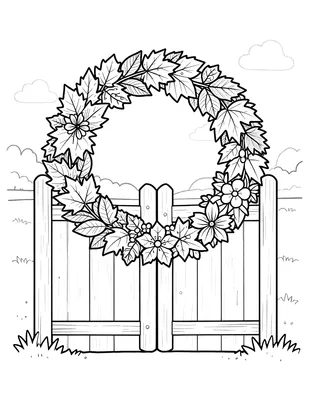 Coloriage d'une couronne de feuilles d'automne et de petites fleurs suspendue à un portail en bois, avec des nuages et de l'herbe en arrière-plan.