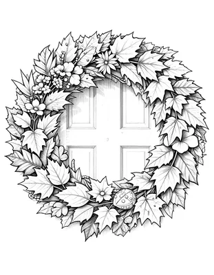 Coloriage d'une couronne de feuilles d'automne et de petites fleurs blanches suspendue à une porte en bois.