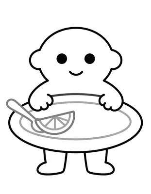 Coloriage d'une crêpe ronde posée sur une assiette avec un quartier de citron et une petite cuillère à côté.