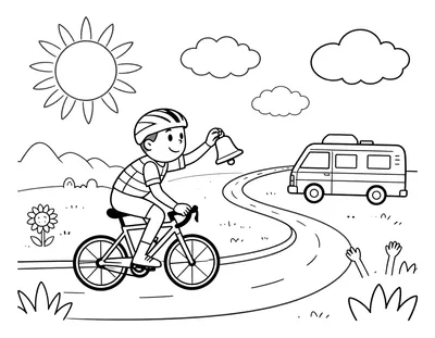 Coloriage d'un cycliste en maillot de leader qui agite une cloche sur une route sinueuse, entouré de tournesols, d'un camping-car et d'une foule qui l'encourage.