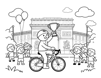 Coloriage d'un cycliste en maillot jaune qui lève un trophée sur son vélo devant l'Arc de Triomphe, entouré d'enfants et de ballons.