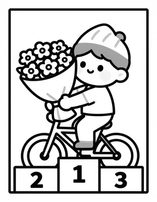 Coloriage d'un jeune cycliste sur la plus haute marche du podium, un bouquet de fleurs et une miche de pain dans les bras.